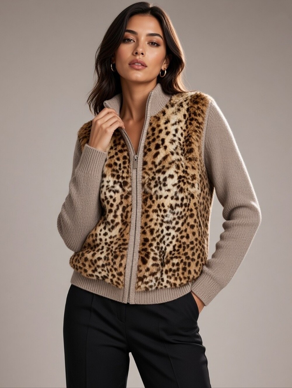 Lisa International Leopard Print Genuine Rabbit Fur Knit Zip Jacket Size M